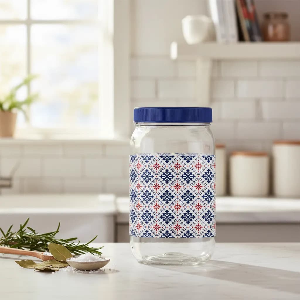 Pote Hermético Plástico Azulejo Português Tampa Azul 2700 Ml Branco