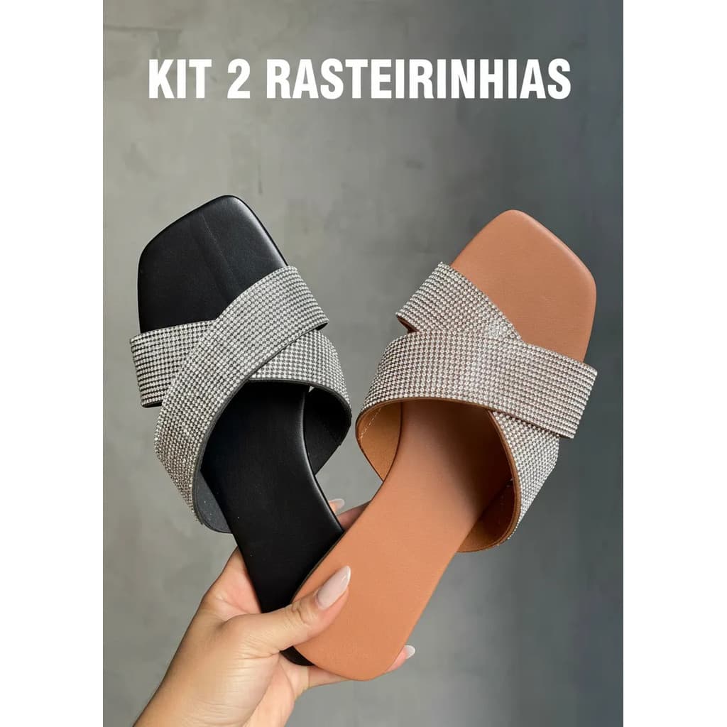 Kit 2 Sandália Rasteira Feminina Com Strass Brilho