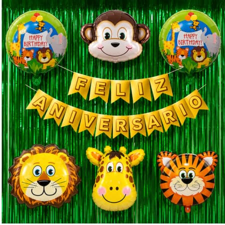 Kit Decoração Aniversário Safari Balões Bichinhos Selva  Cortina Metalizada