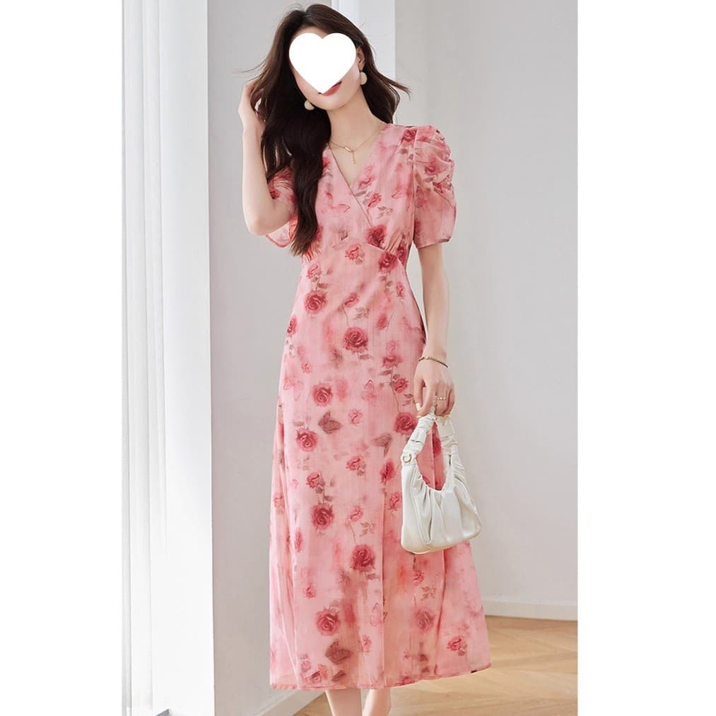 Versão coreana francês imitação Chiffon impresso vestido feminino moda novo estilo verão pescoço quadrado fino-ajuste Fl