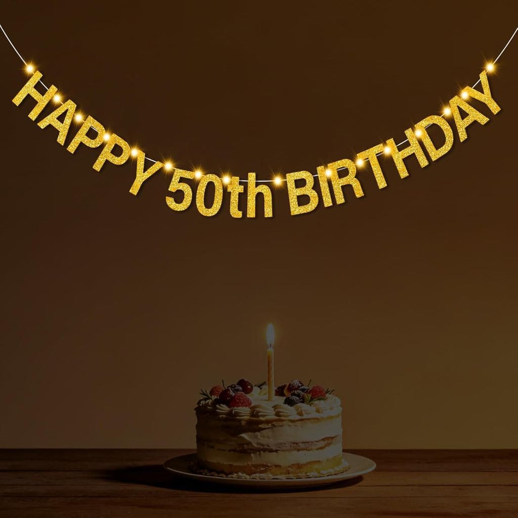Decorações para Festa de Aniversário de 50 Anos para Mulheres e Homens, Faixa Dourada Pré-Montada com Luzes LED Brancas