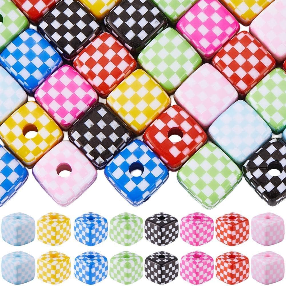 SUNNYCLUE 48 Peças 8 Cores Contas Quadradas Coloridas em Lote, Contas Grandes com Padrão Xadrez Tartan Opaco, Cubos Espa