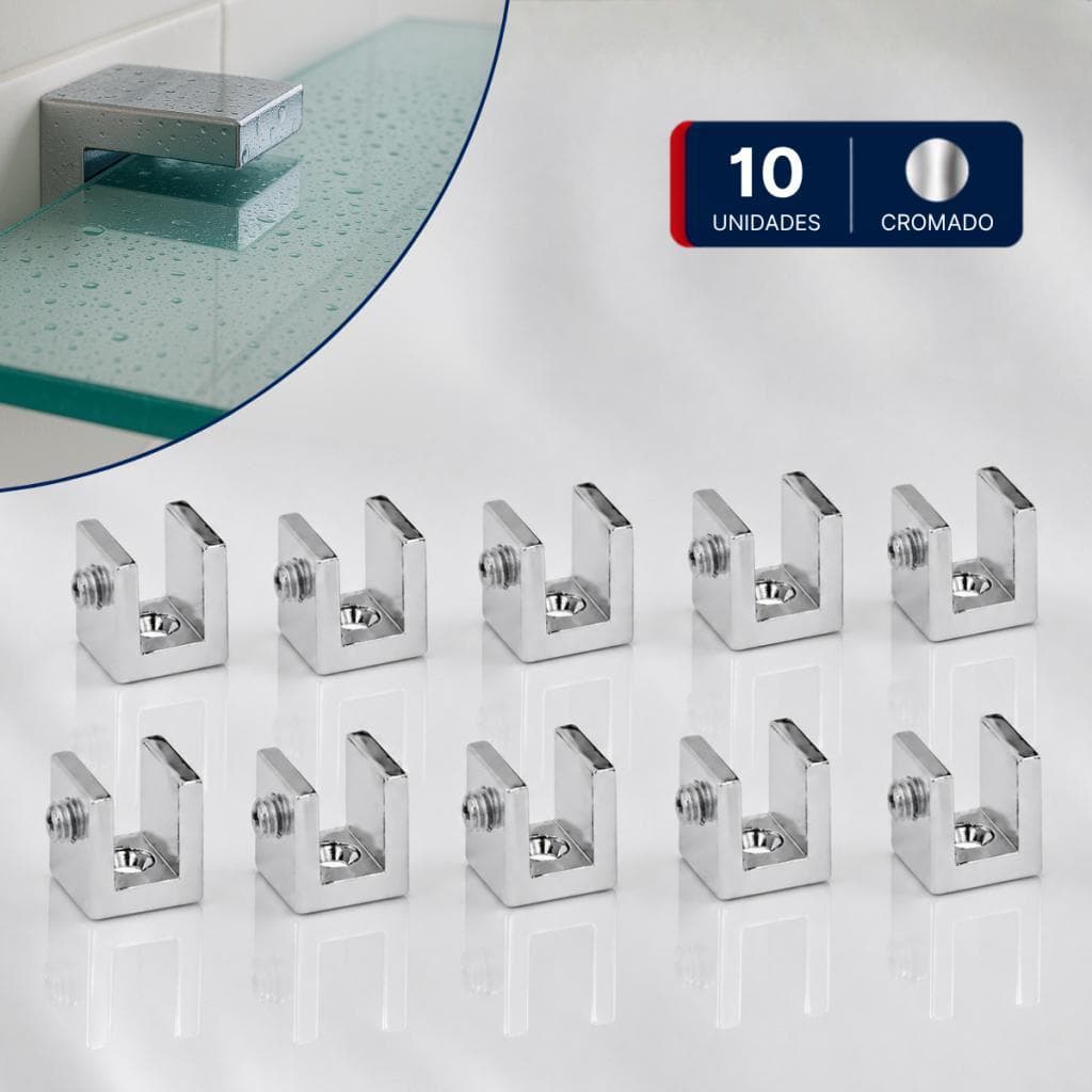 Kit 10 Suportes de fenda Cromado de Vidro 6mm Quadrado 100% Metal com Parafusos 1 Furo