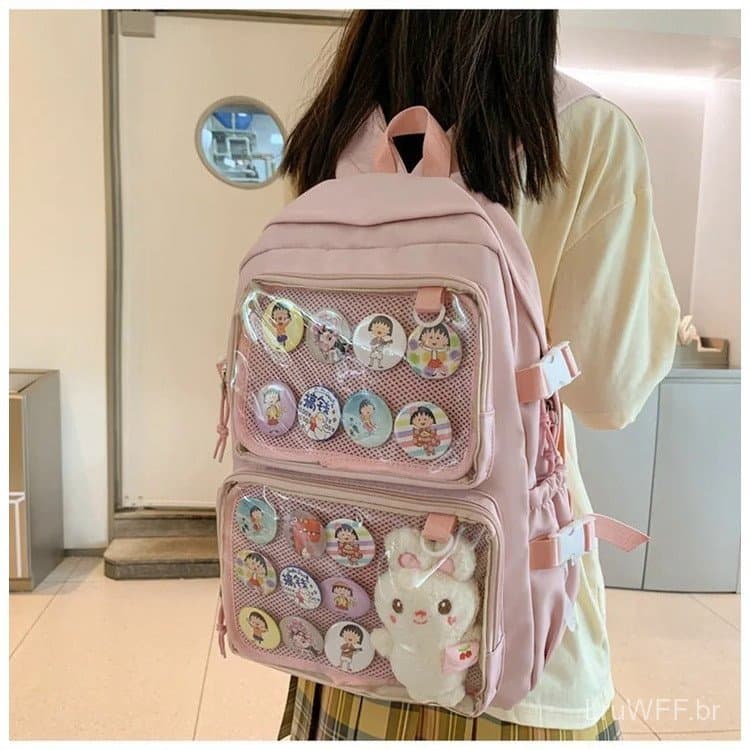 Big Girl Mochila escolar, Mochila Kawaii Women Nylon Backpack, Mochila de bolso rosa transparente de grande capacidade