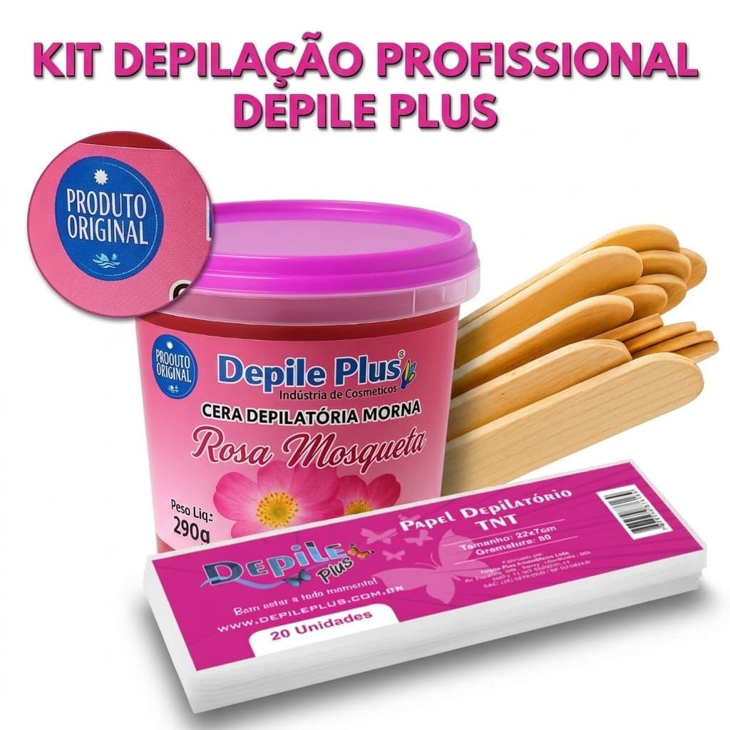 Kit Cera De Depilação Depile Plus 290g + 20 Papel Depilatório + 15 Espátulas Madeira