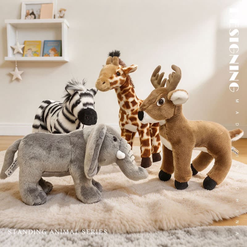 Conjunto De Brinquedos De Pelúcia Animal Em Pé Zebra Elefante Girafa Veado Recheado Realista Decoração Do Quarto Das Cri