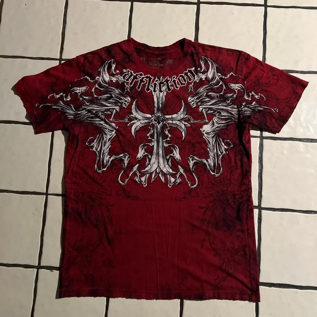 Camiseta masculina estilo retrô americano dos anos 90, vermelha, da marca Afliction, em algodão, com gola redonda, lavad