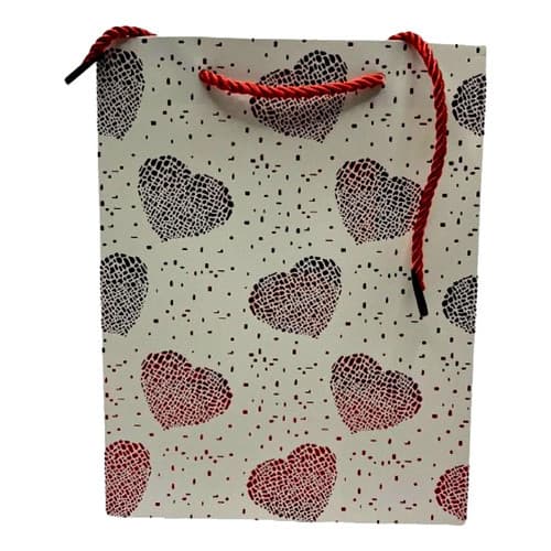 Sacola Para Presente 23x18cm em Papel com Estampa de Corações e Alça de Cordão