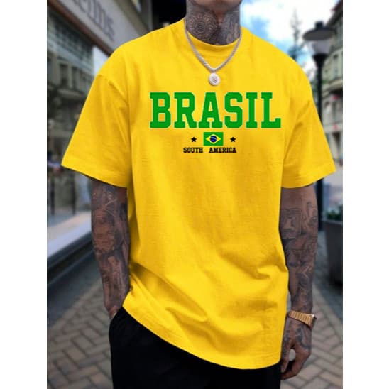 Camiseta de Manga Curta com Gola Redonda e Estampa da Bandeira do Brasil, para Tamanhos Casual Diário Envio Rápido