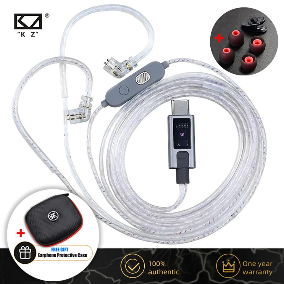 Cabo de Substituição para Fone de Ouvido KZ M2 Banhado a Prata Tipo-C / 3.5mm com Controle de EQ