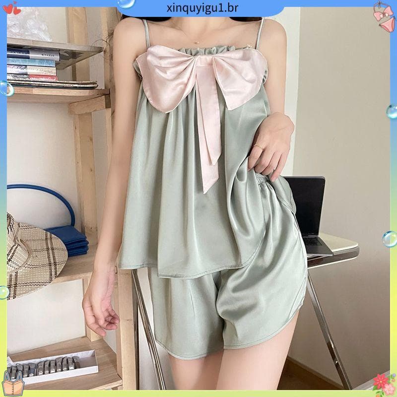 Outono verão pijamas feminino seda gelo doce Suspender Shorts puro desejo estilo arco bonito meninas Homewear terno verã