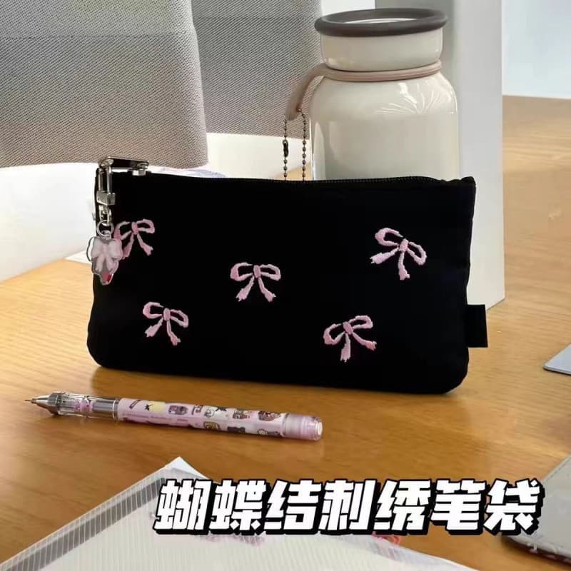 Estojo de lápis com laço preto bordado, artigo de papelaria exclusivo para estudantes, para guardar objetos que evocam o