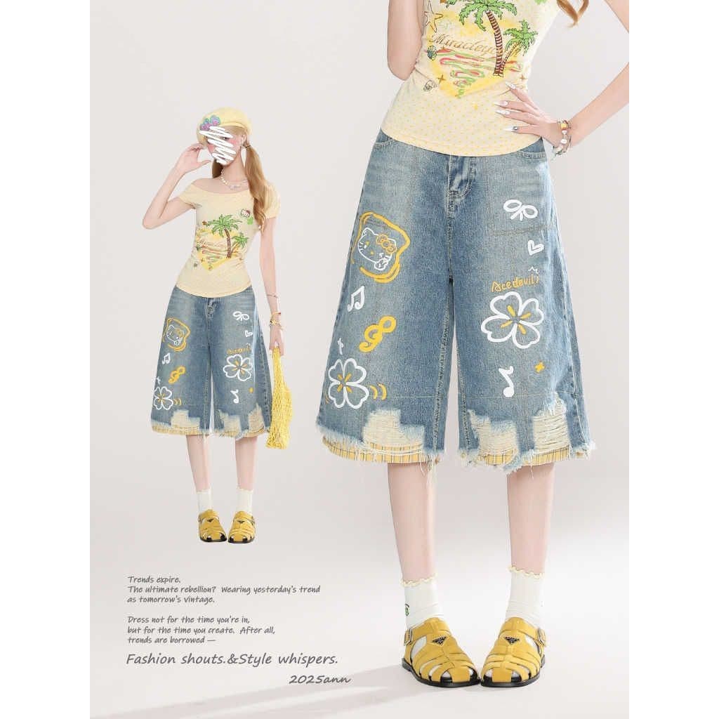 69441 Calças Jeans Femininas com Estampa Retro de Grafite, Estilo Solto e Perna Larga, Nova Chegada de Verão, Alta Quali
