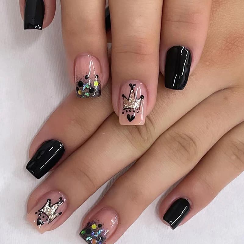 Prensa Quadrada Gradiente Preta Curta Em Unhas Glitter Coroa Doce Legal Estilo Ins Falsas Destacáveis