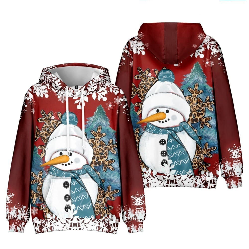 Outono inverno Amazon venda quente 3D impressão Digital natal boneco de neve na moda moletom com capuz uma peça transpor