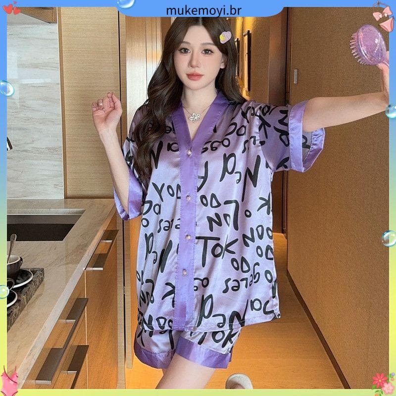 Pijamas de seda gelo senhoras verão estilo fino ins estilo influenciador dos desenhos animados estilo ocidental seda Lou