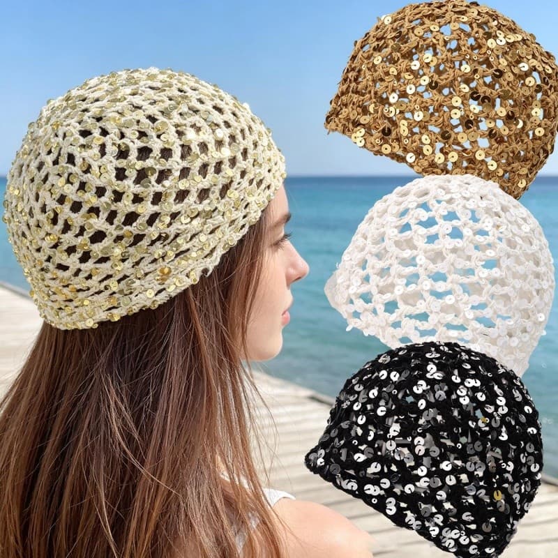 Boné De Lantejoulas De Malha Respirável Aberto Moda Versátil – Gorro Casual De Viagem Na Praia Para Mulheres