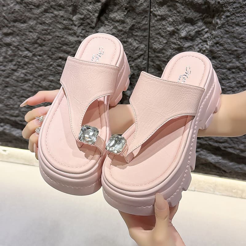 Altura do calcanhar 8CM, chinelos de aumento de sola grossa femininos, chinelos de strass elegantes para uso externo, ch