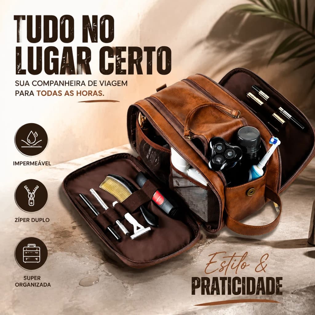 Necessaire Masculina de Viagem em Couro PU Impermeável Organizador com Zíper Duplo Executiva