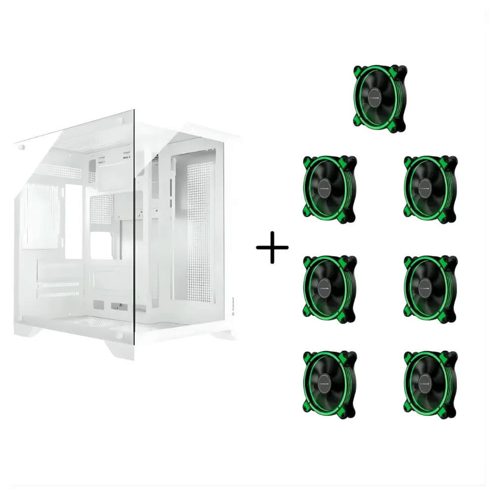 Gabinete Gamer Aquario Clarity Branco + 7 Fans LED Cor Verde