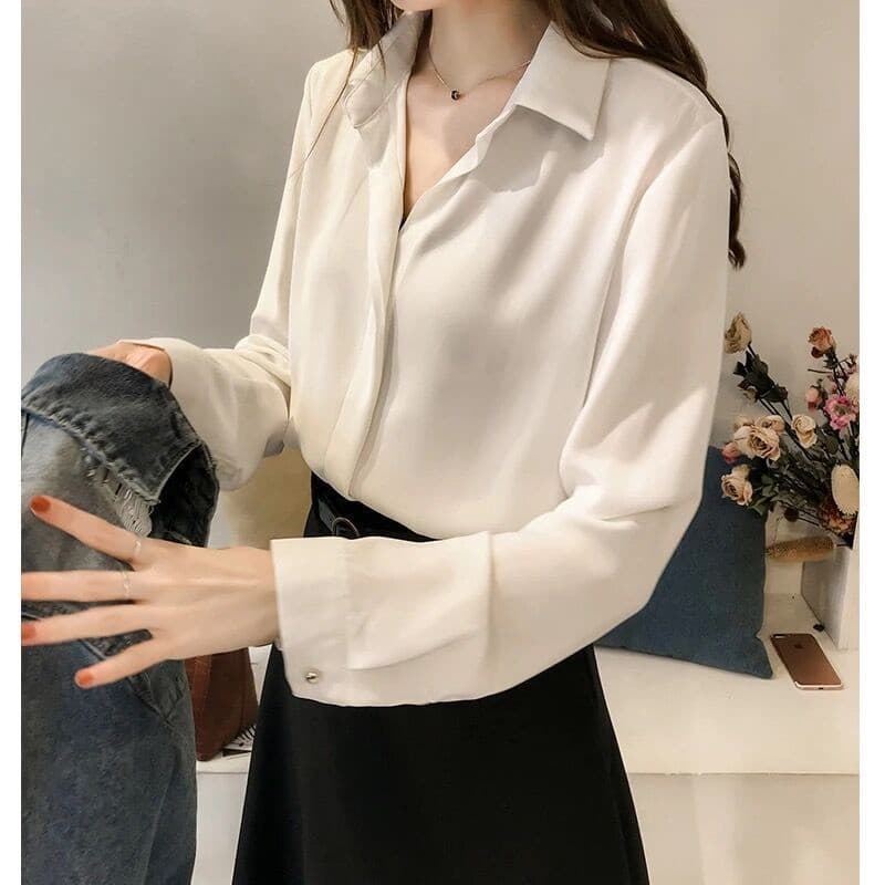 Outono novo estilo versão coreana temperamento cor sólida camisa feminina de manga comprida topo simples camisa de fundo
