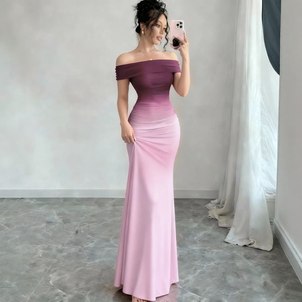 vestido de festa Moda Feminina Manga Curta Saia Longa Gradiente Uma Linha Pescoço Saco Hip