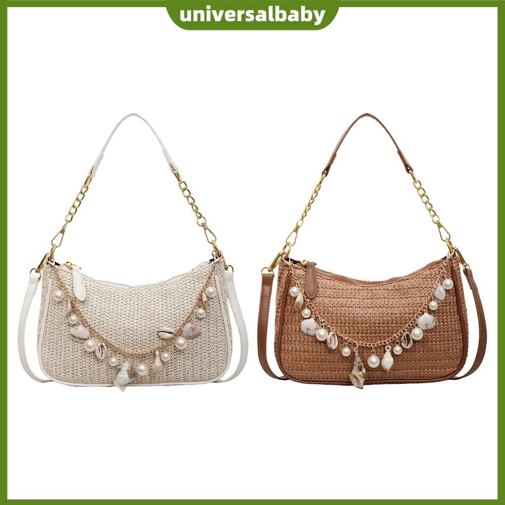 Bolsa Feminina De Palha Crossbody Leve E Portátil Nas Axilas Com Alça Ajustável Concha Frisada [universalbaby.br]