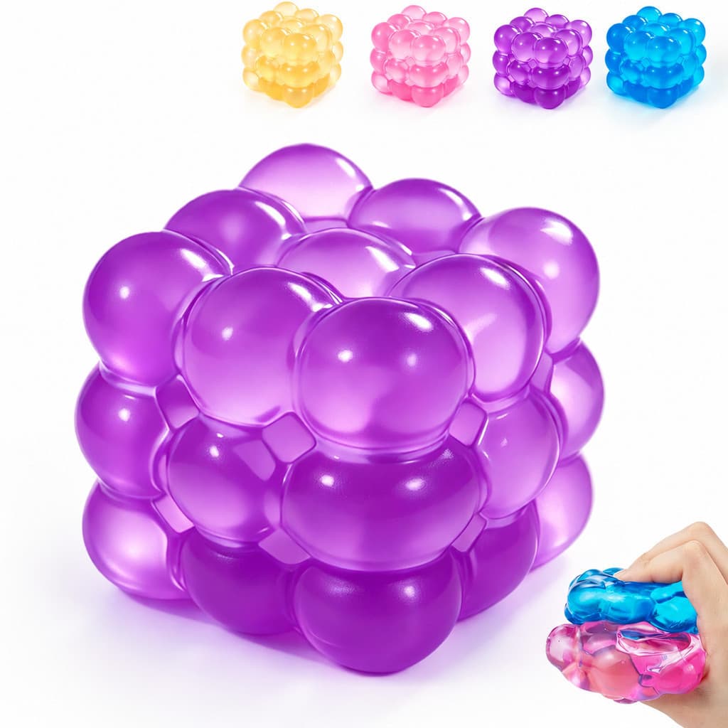 Brinquedo em forma de cubo de gelo macio com propriedades de retorno lento, usado para aliviar o estresse e a ansiedade.