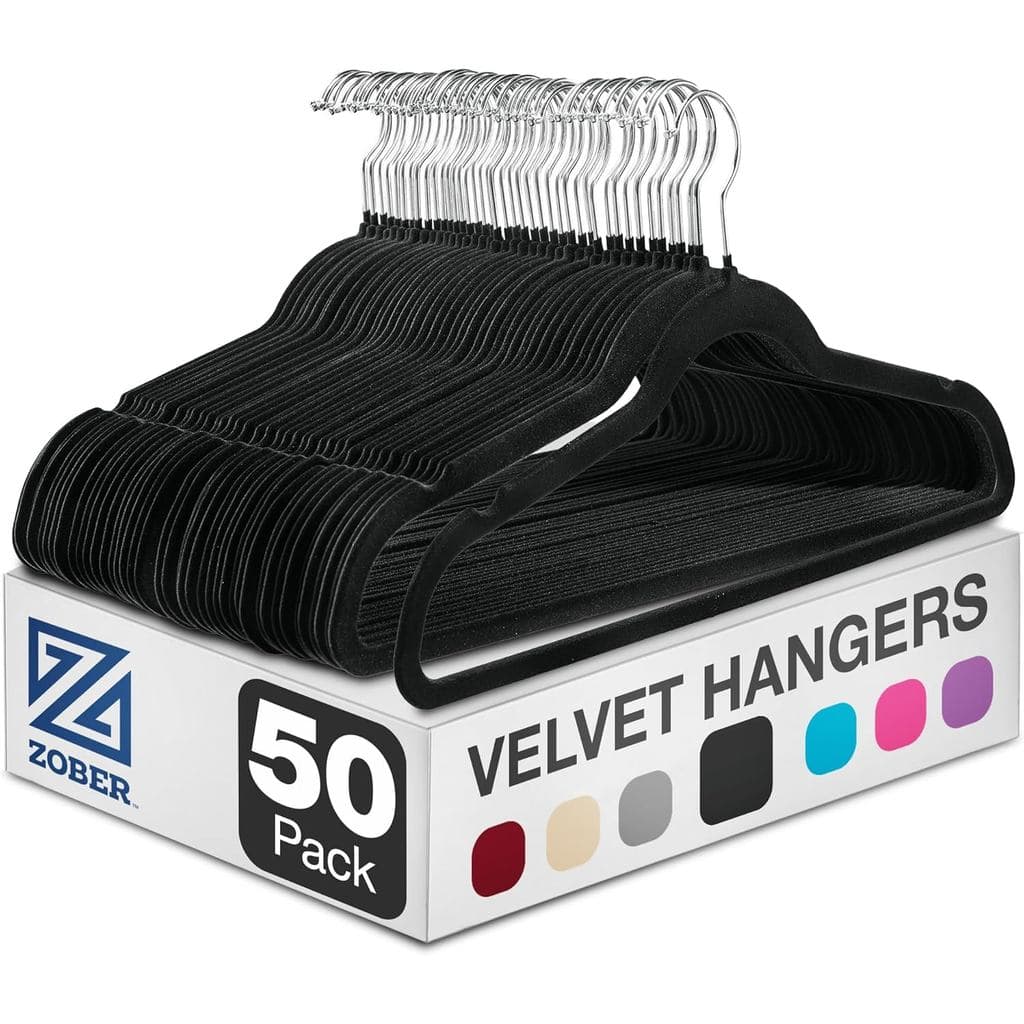 Cabides de Veludo Preto ZOBER, Pacote com 50 - Cabides para Roupas, Cabides para Calças e Vestidos - Antiderrapantes com
