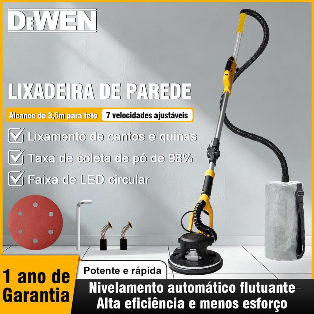 DEWEN Lixadeira de Parede Elétrica 800W Extensível com LED e Coletor de Pó Lixadeira de Parede Teto Elétrica
