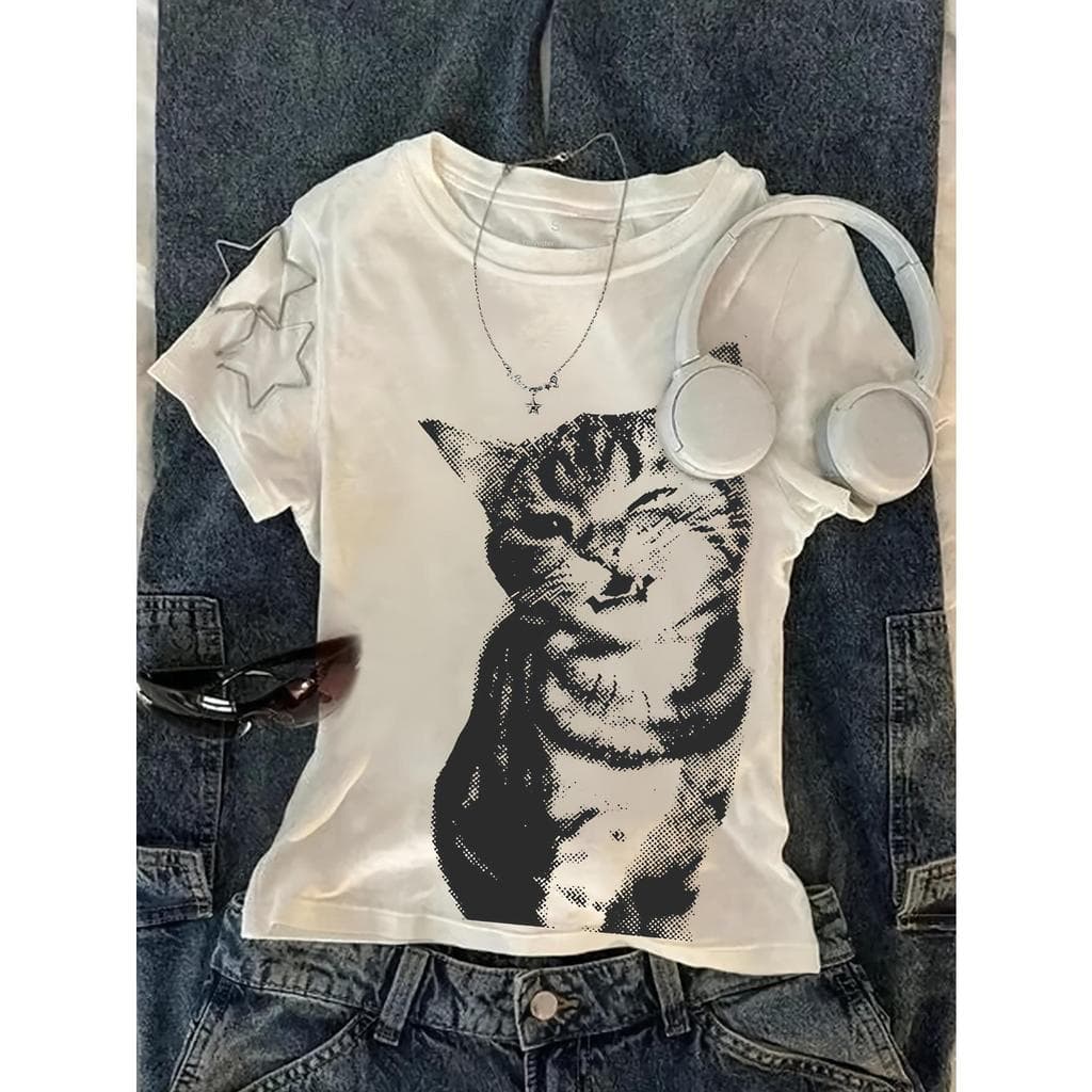 Y2K Style Cat Print Women's T-Shirt - Regular Fit Short Sleeve Round Neck Casual Top with Monochrome Feline Graphic
