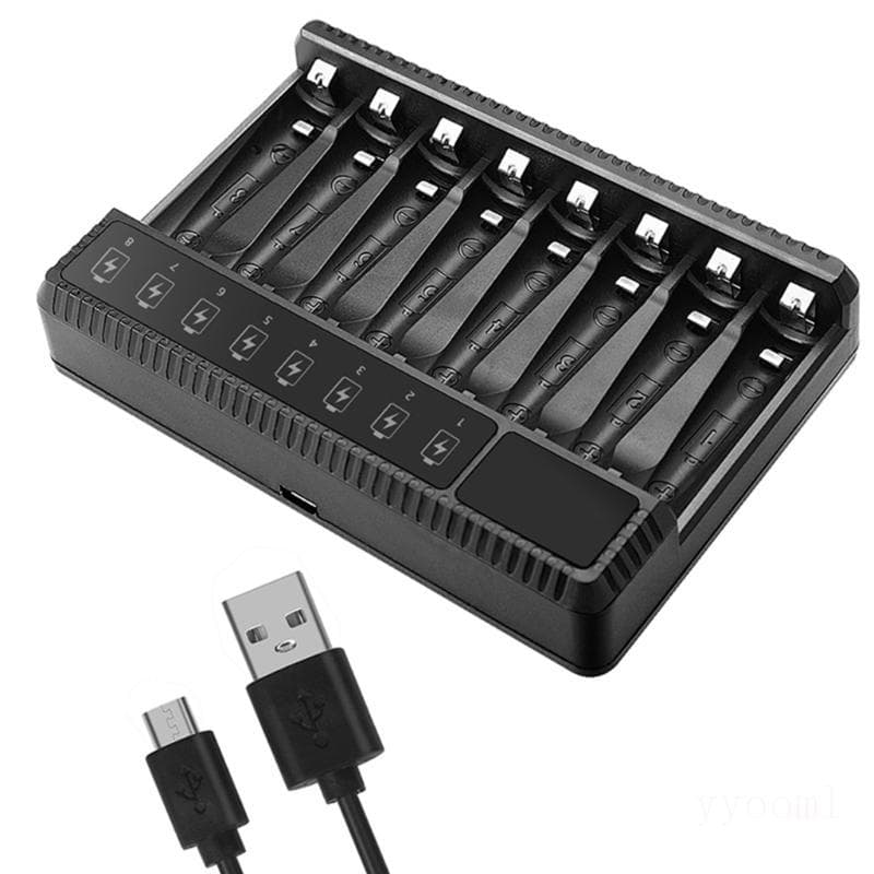 yyooml Carregador Velocidade 8 Slots USB C Display LCD Para Baterias Recarregáveis