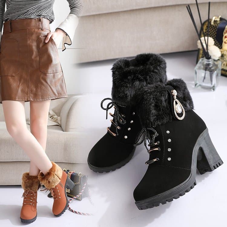2 inverno novo estilo velo-velo-botas Martin femininas, sapatos de mãe com cadarço frontal de salto alto e bico redondo,