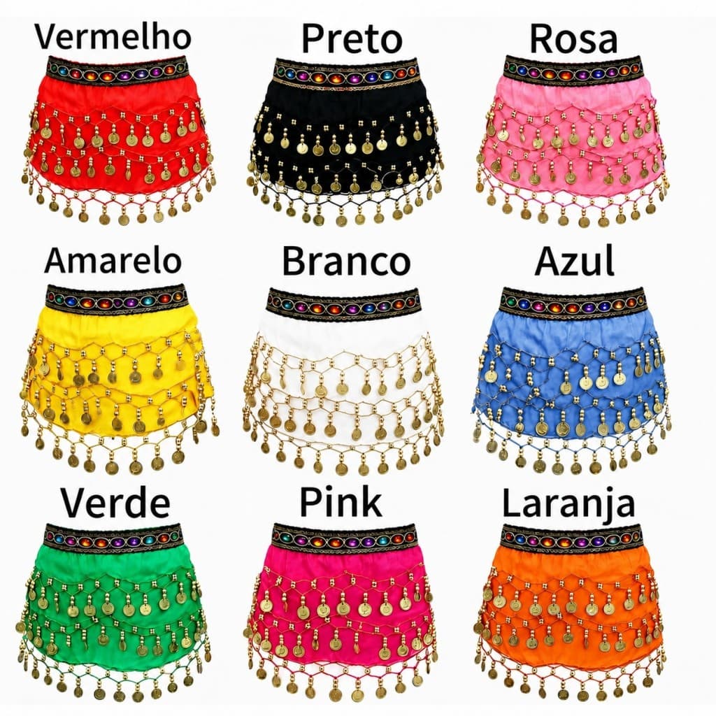 Lenço Dança do Ventre com Moedas Cinto Feminino Carnaval Fantasia Kit 1 2 3 4 Unidades 9 Cores