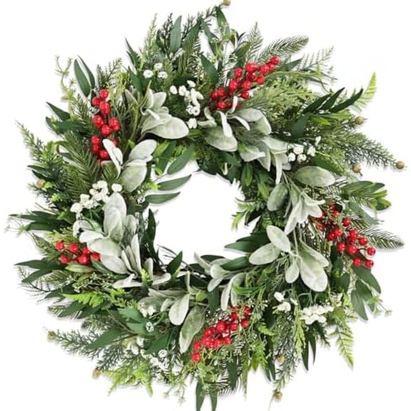 Guirlanda De Natal Realista De 23 " Com Frutas Vermelhas E Eucalipto | Artificial Falso Evergreen Grinalda Vegetação Dec