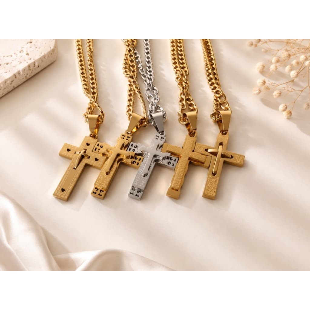 Colar com Pingente de Cruz em Aço Inoxidável Unissex Dourado e Prateado Corrente Estilo Clássico