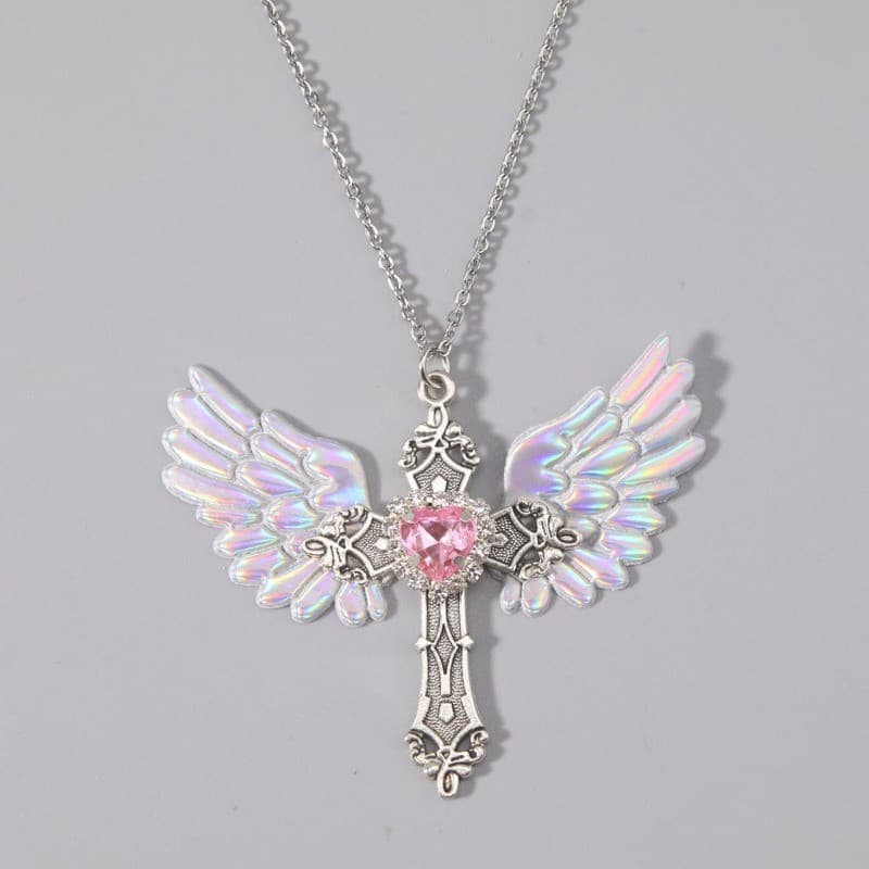 Colares com Pingente de Cruz de Strass e Asas Coloridas Rosa Estilo Punk para Mulheres e Homens, Acessórios de Joalheria