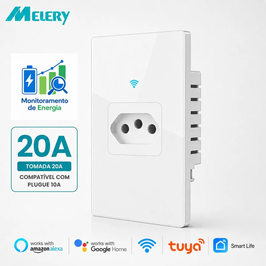Melery Inteligente WIFI Tuya Brasil Tomada De Parede Monitor Energia Elétrica 20A Painel Vidro Alexa Assistente Google C