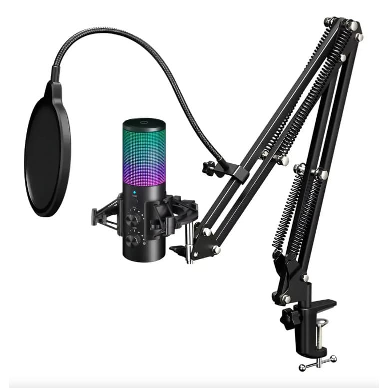 Conjunto de Microfones Condensador USB Profissional com Suporte de Mesa Iluminação RGB