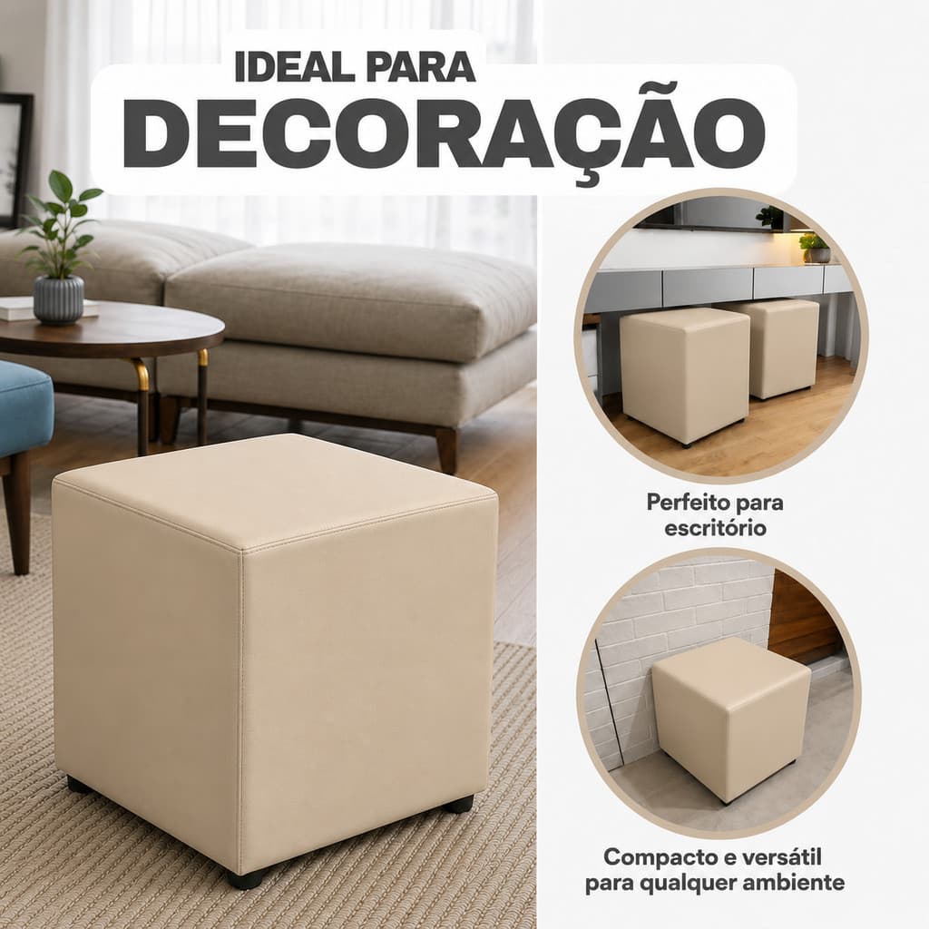 Puff em Corino sala todo revestido multiuso bege em corino