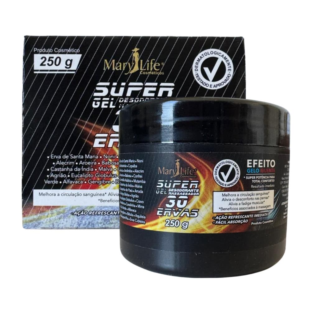 Super Gel 30 Ervas Mary Life 250g Gel Massageador Relaxante Corporal Refrescante
