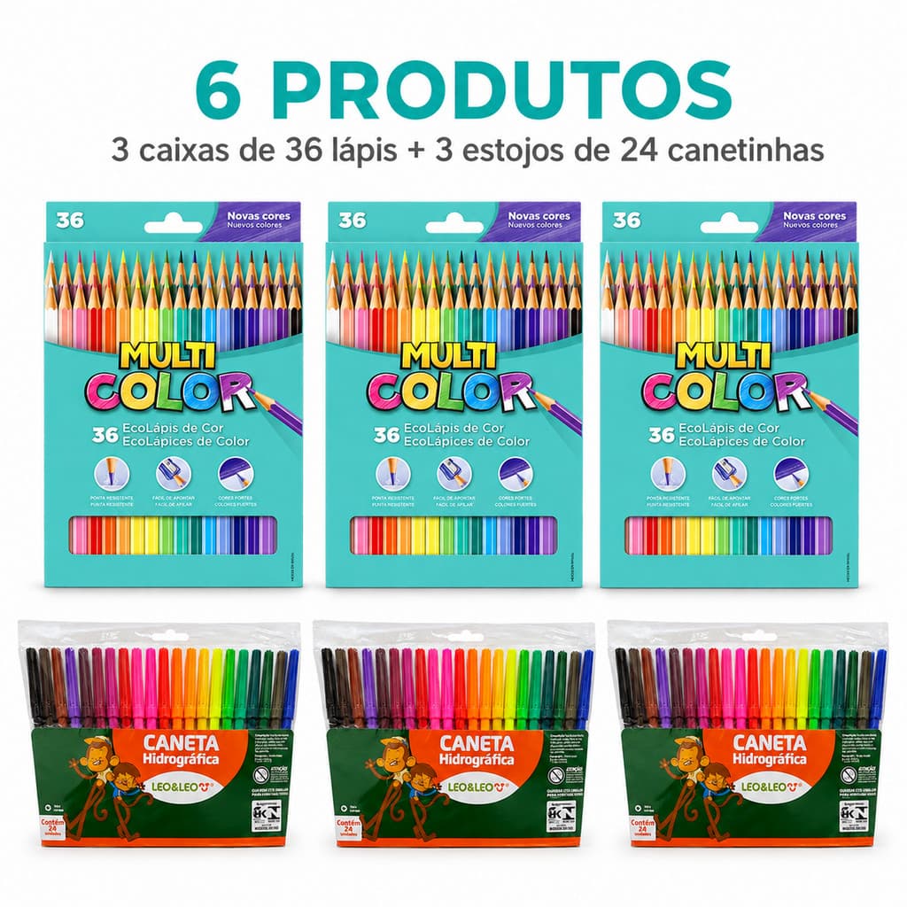 Lápis de Cor Multicolor 36 Cores 3 Caixas Com 3 Estojos Canetinhas 24 Cores