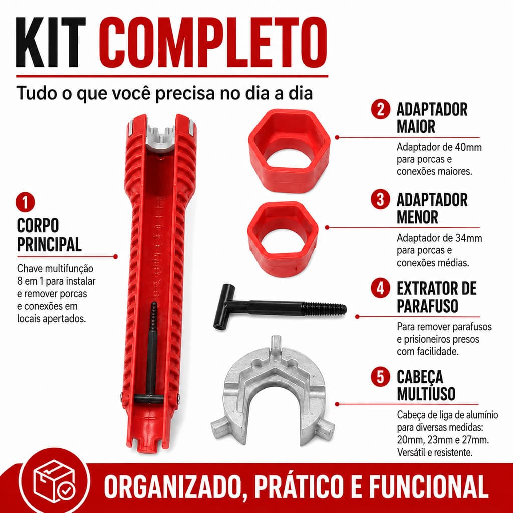 Chave Multifuncional 8 em 1 para Pia e Torneira Kit Hidráulico com Encaixes 20 a 50mm para Instalação e Manutenção Fácil