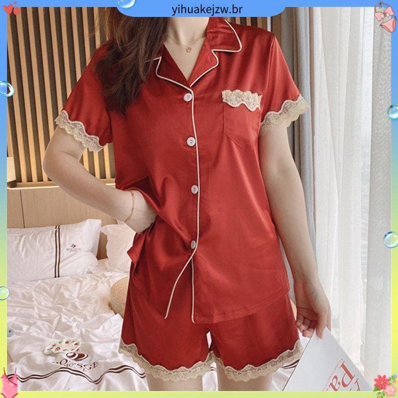 Pijamas de seda gelo feminino verão manga curta novo estilo influenciador ins estilo feminino estudante dormitório verão