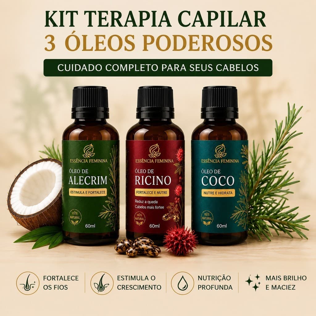 Kit Terapia Capilar 3 ÓLEOS - Tratamento Capilar Óleo de Coco + Ricino + Alecrim 60ml