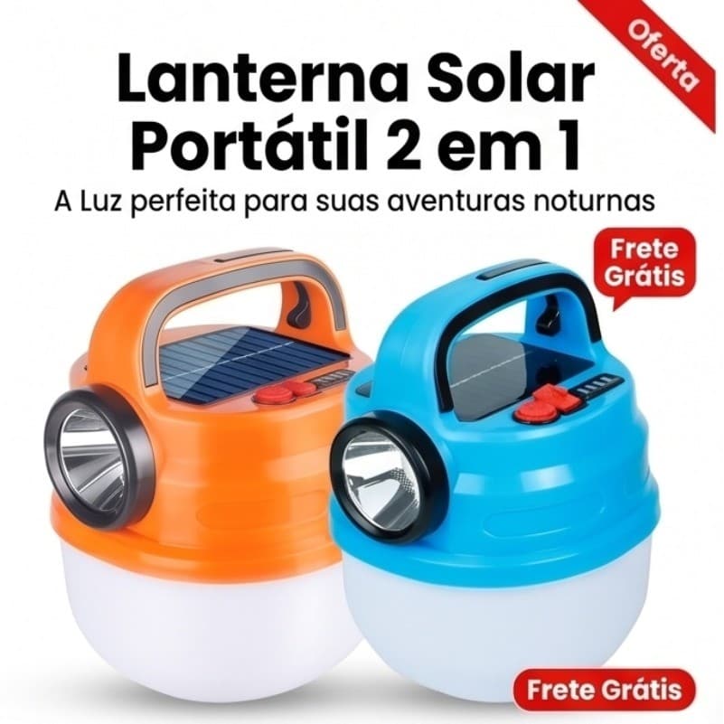 Lanterna Solar Portátil 2 em 1 para Acampamento: Luz Ambiente 360° + Lanterna de Foco Potente, Carregamento Solar e USB