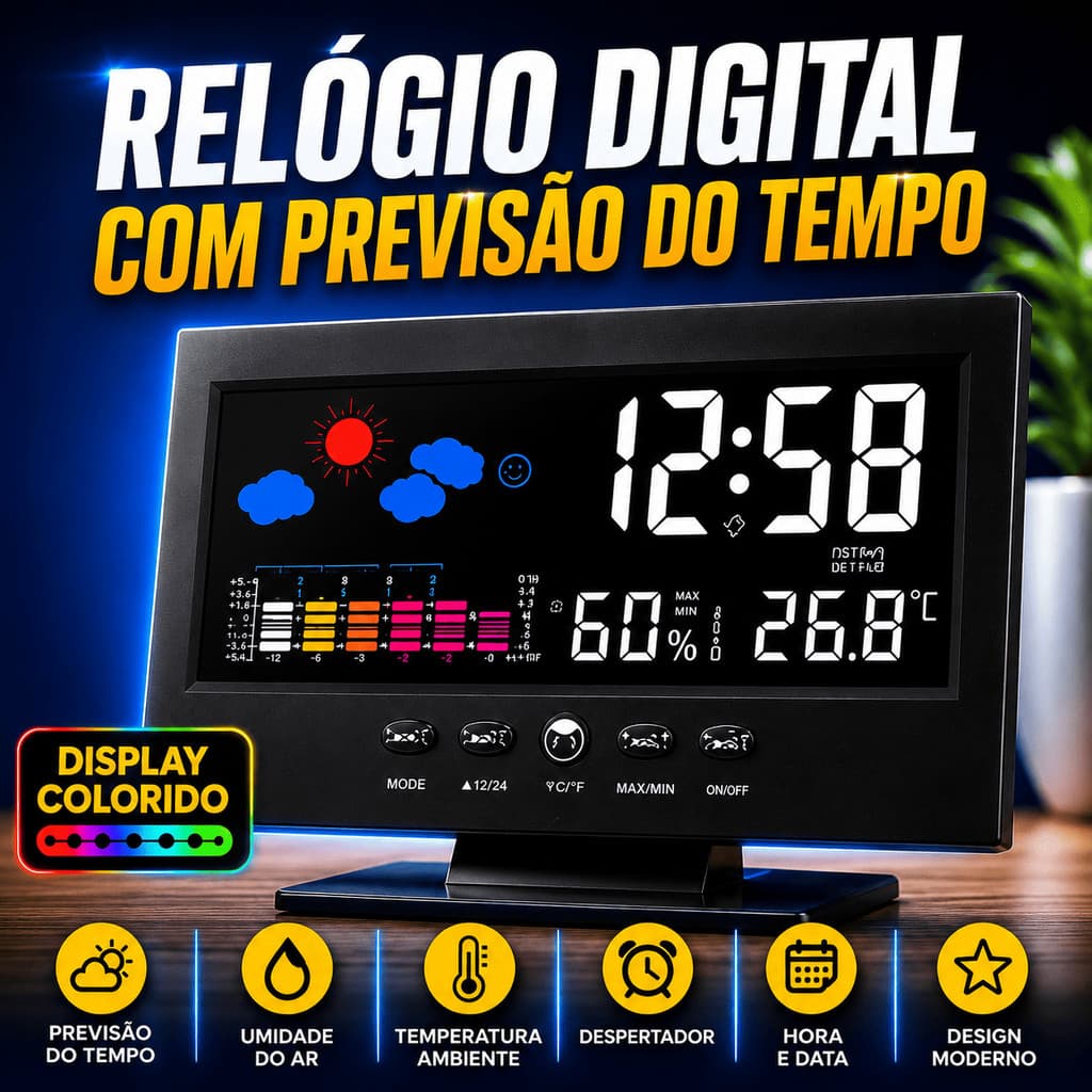 Relógio Digital Meteorológico Estação Meteorológica Previsão Do Tempo Termômetro Higrômetro Tela Colorida Despertador
