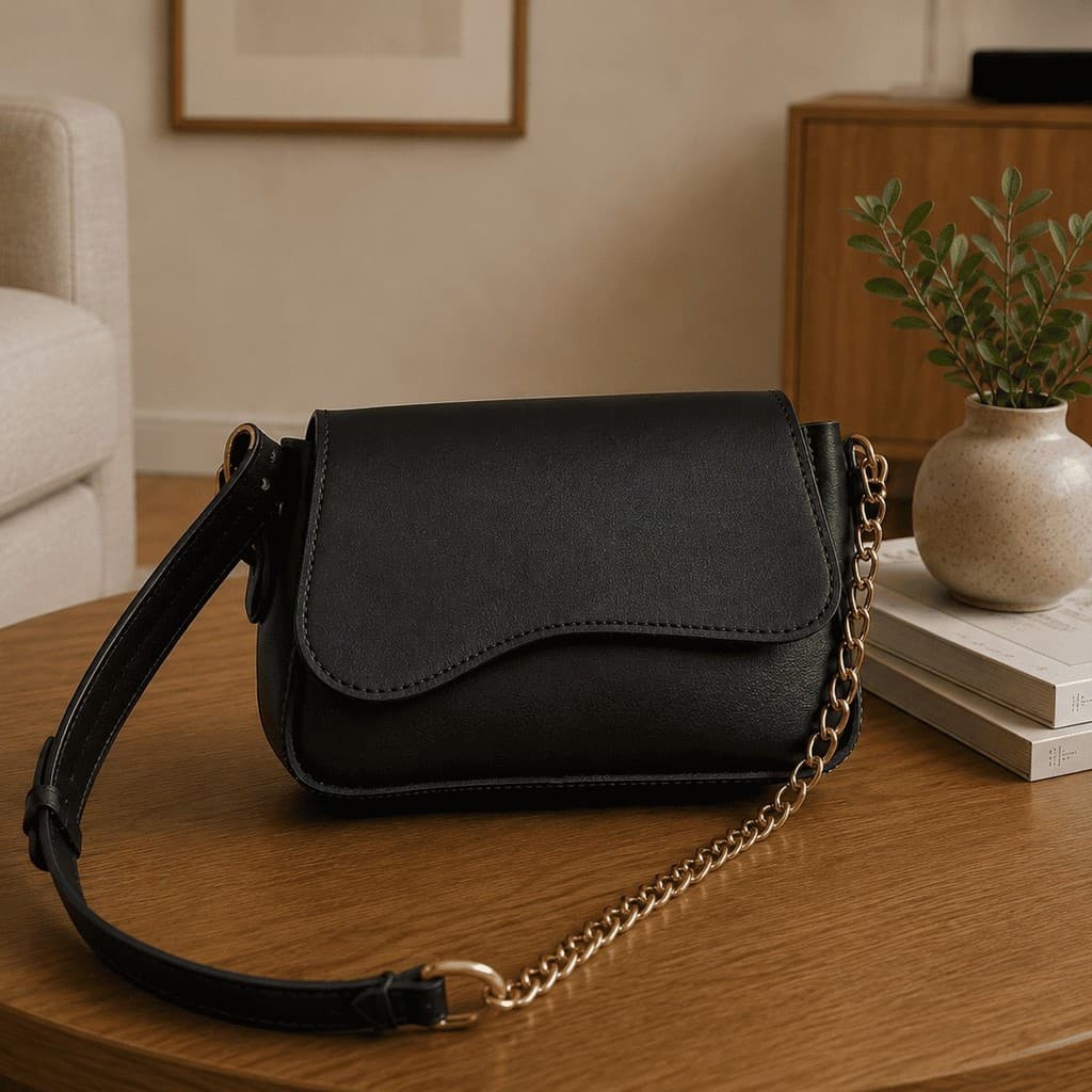 Bolsa Feminina Baguete Transversal Compacta Pequena Moderna Casual com Corrente Dourada