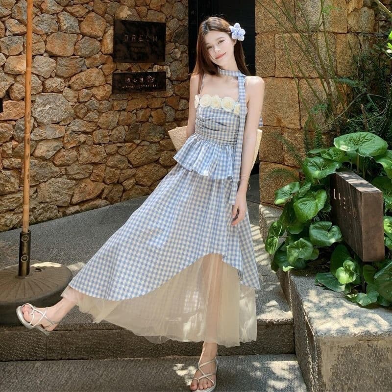 Azul xadrez renda tubo superior estilingue saia feminina verão estilo tailandês dopamina Yunnan férias à beira-mar saia