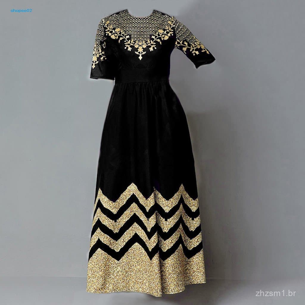 Vestido Maxi com Decote Redondo, Estampa Floral Vintage, Cintura Alta, Manga Curta, Vestido de Baile para Festa